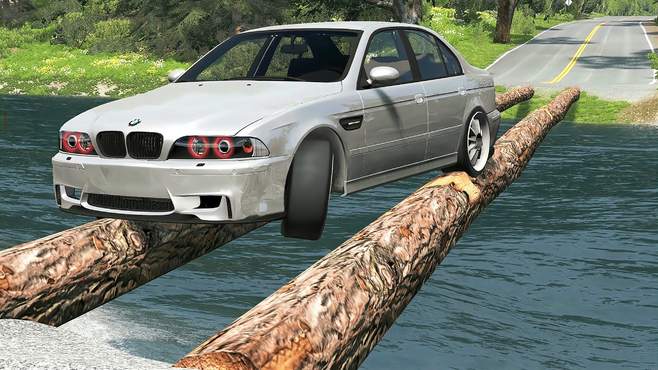 车祸模拟器：驾车挑战用四根圆木搭建的桥，最后一位卡哥太任性了