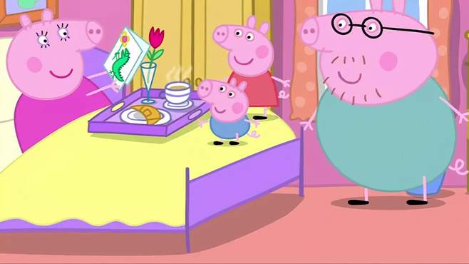 小猪佩奇：今天是猪妈妈生日，猪爸爸亲自做早餐还送花，真浪漫！